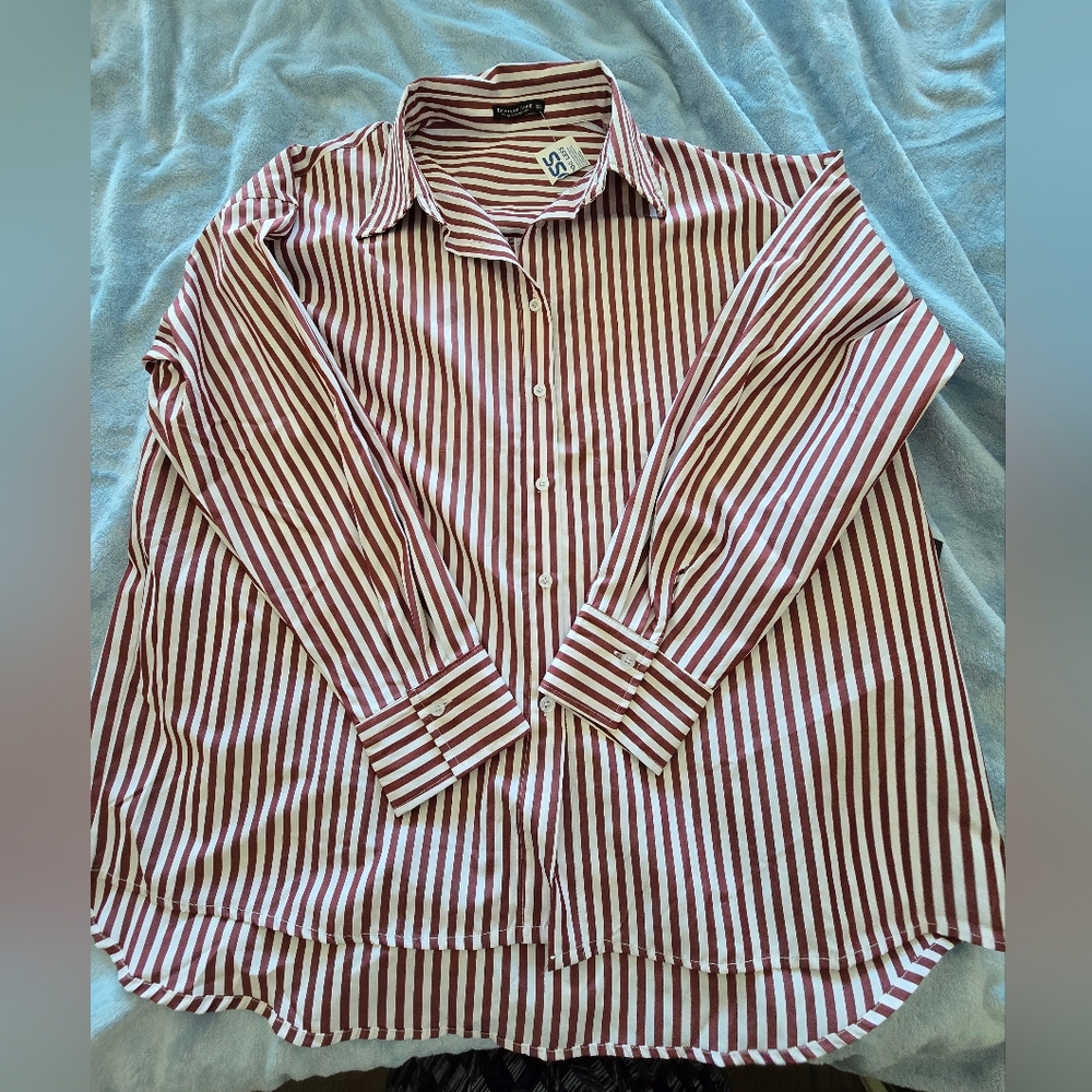 Red and White Woman's Striped Casual Button Down Shirt PLUS SIZE